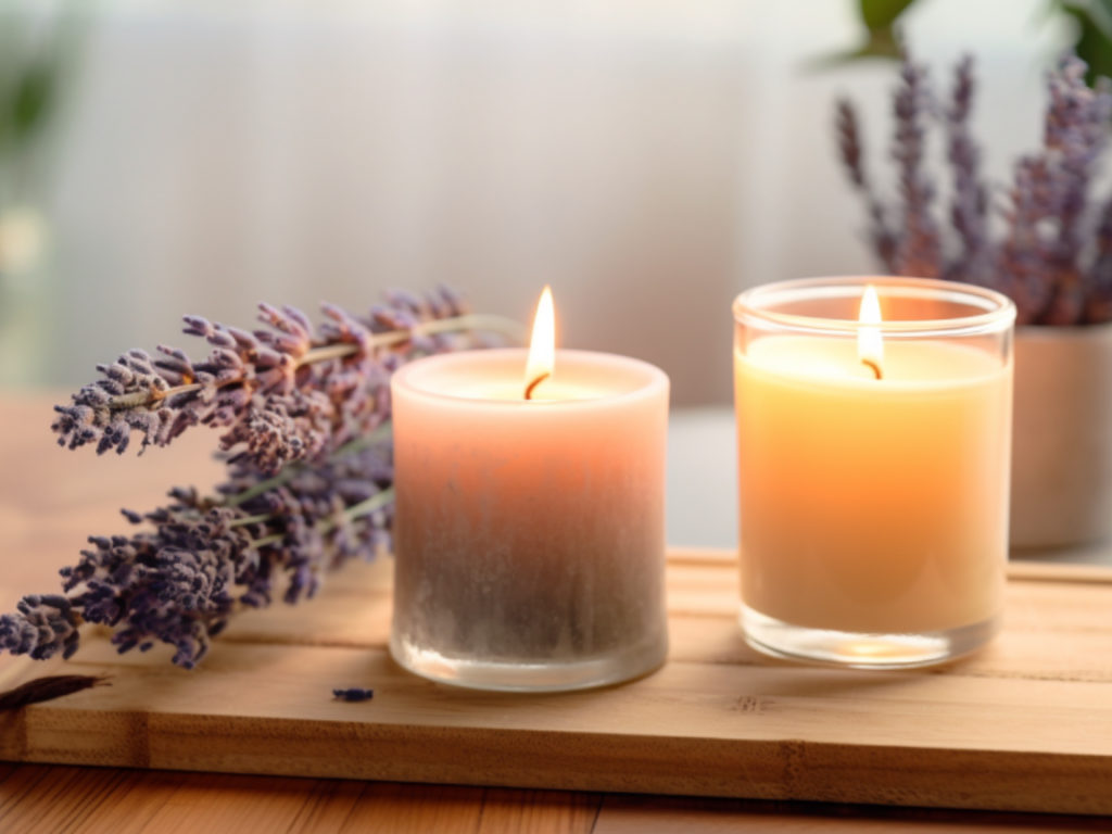 Two candles in glass jars are lit, next to one another on a wood table. Two lavendar sticks lay next to the smaller candle.